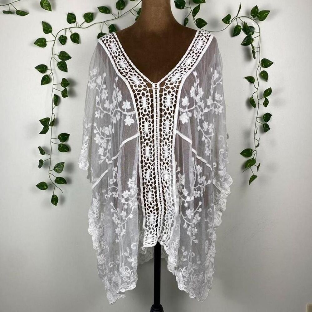 white lace fairy poncho layering shawl tunic floral cottage feminine sheer mesh